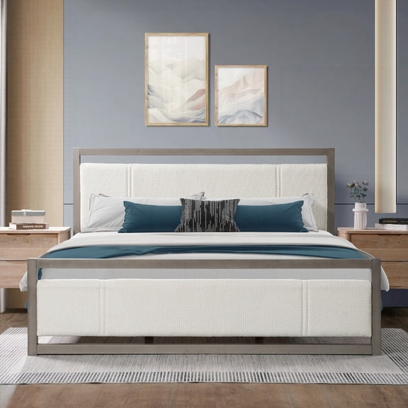 Ivory Boucle Headboard on a King Bed with a Wood Frame for Comfort