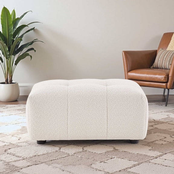 Ivory Boucle Ottoman with Biscuit Tufting for Living Room, 32.7L x 25.2W x 15.7H Inches, Plush Ottoman for Footrest and Extra Seating