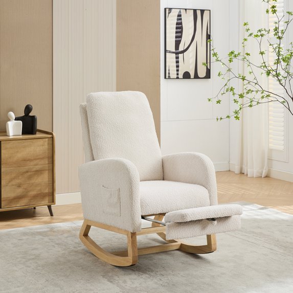 Ivory Boucle Rocking Chair for Living Room/Bedroom: 25.4"W Glider w/ Retractable Footrest, Side Pocket, Rubber Wood Legs, Gentle Rocking, Max 250lbs
