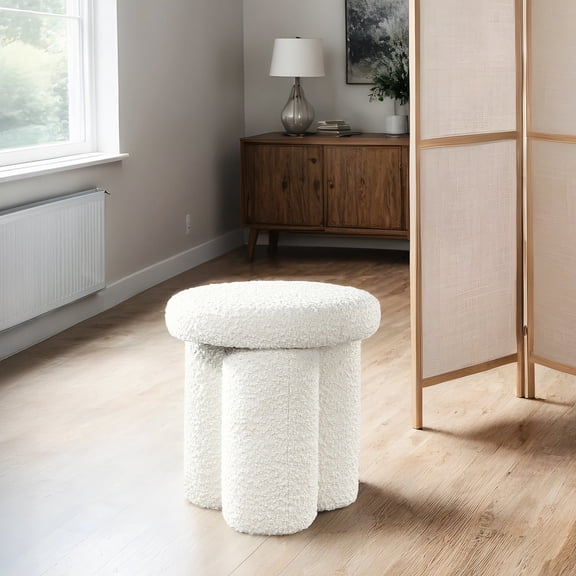 Ivory Boucle Stool | Comfortable Seating in Bedrooms | Sturdy Wooden Build | Small Space Solution