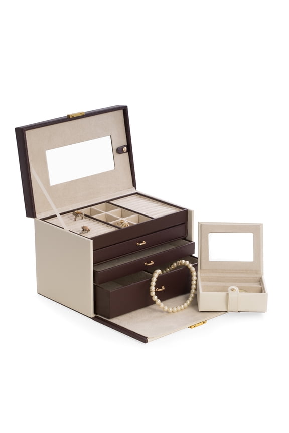 Ivory & Brown Leather 4 Level Jewelry Box with 3 Drawers, Mirror, Secret Compartment Behind Mirror, Removable Travel Case and Locking Clasp.