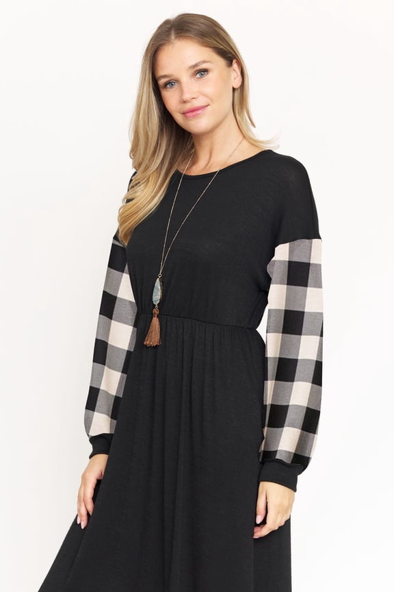 Ivory Buffalo Plaid Bishop Sleeve Midi Dress
