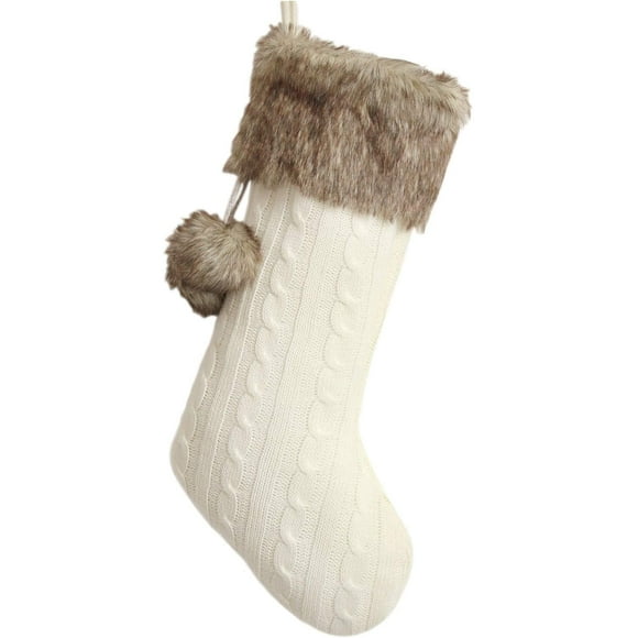 Ivory Cable Knitted Body, Fur with Fur Fluffy Pompom Ball Christmas Stocking, Xmas Tree Decoration Festival Party Ornament - 10"x18"