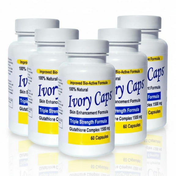 Ivory Caps Glutathione Complex 1500mg Triple Strength Skin Enhancement Formula with Alpha Lipoic Acid & Milk Thistle High Potency Glutathione Capsules Vegan, Non-GMO 60 Capsules x 5 Bottles