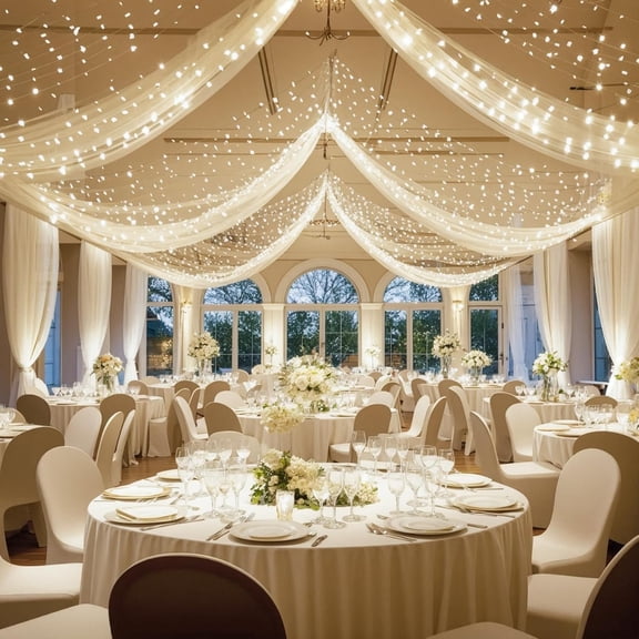 Ivory Ceiling Drapes with Lights String for Weddings, 6 Panels 5ftx10ft Sheer Tulle Backdrop Photo Background Drapes for Wedding Ceremony Birthday Party Arch Decoration
