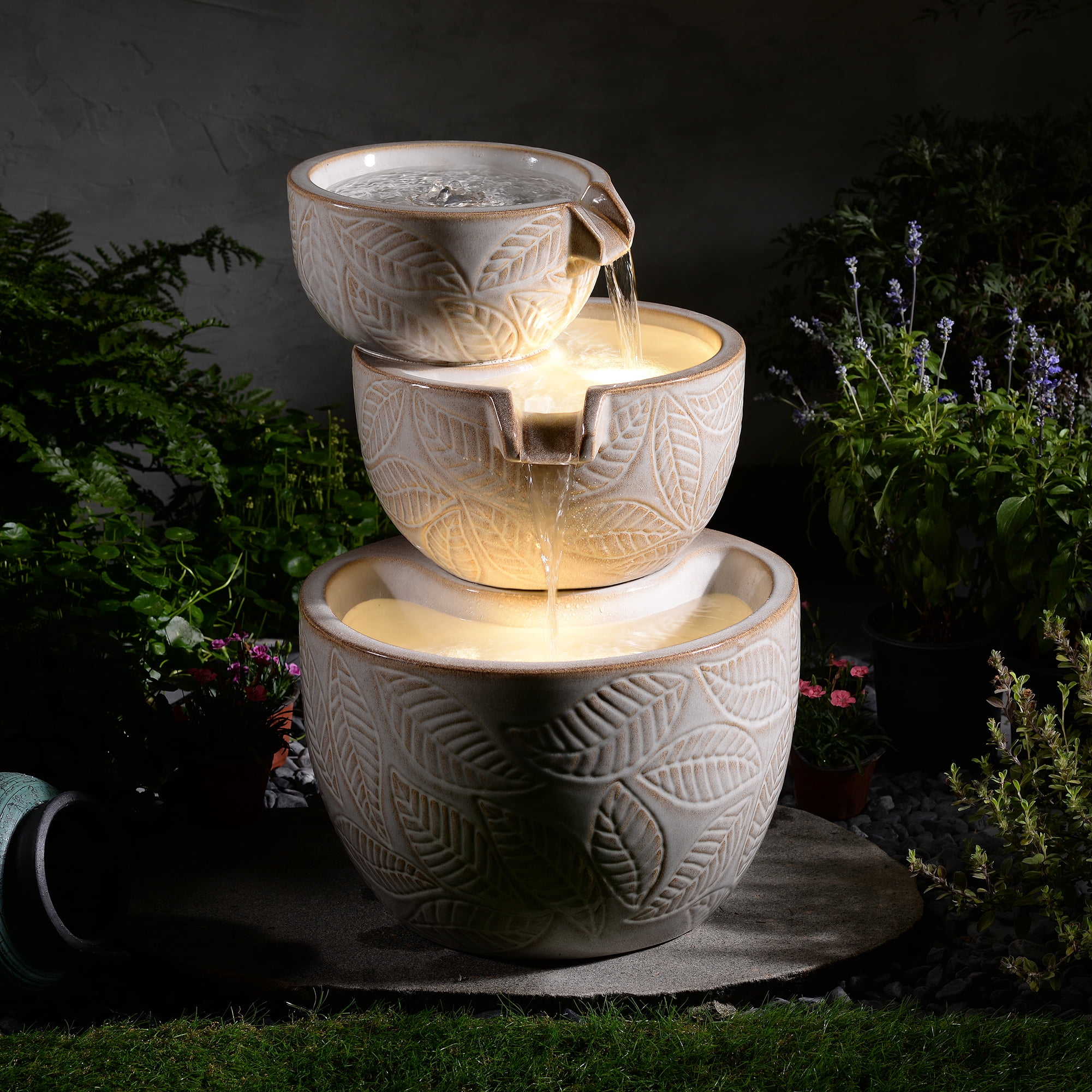 Ivory Ceramic 3-Tier Leaf Bowl Fountain, Decorative Water Fountain with LED Lights and Quiet Pump, Indoor Outdoor Water Feature for Patio, Garden, Deck, Balcony, Office and Home Décor,