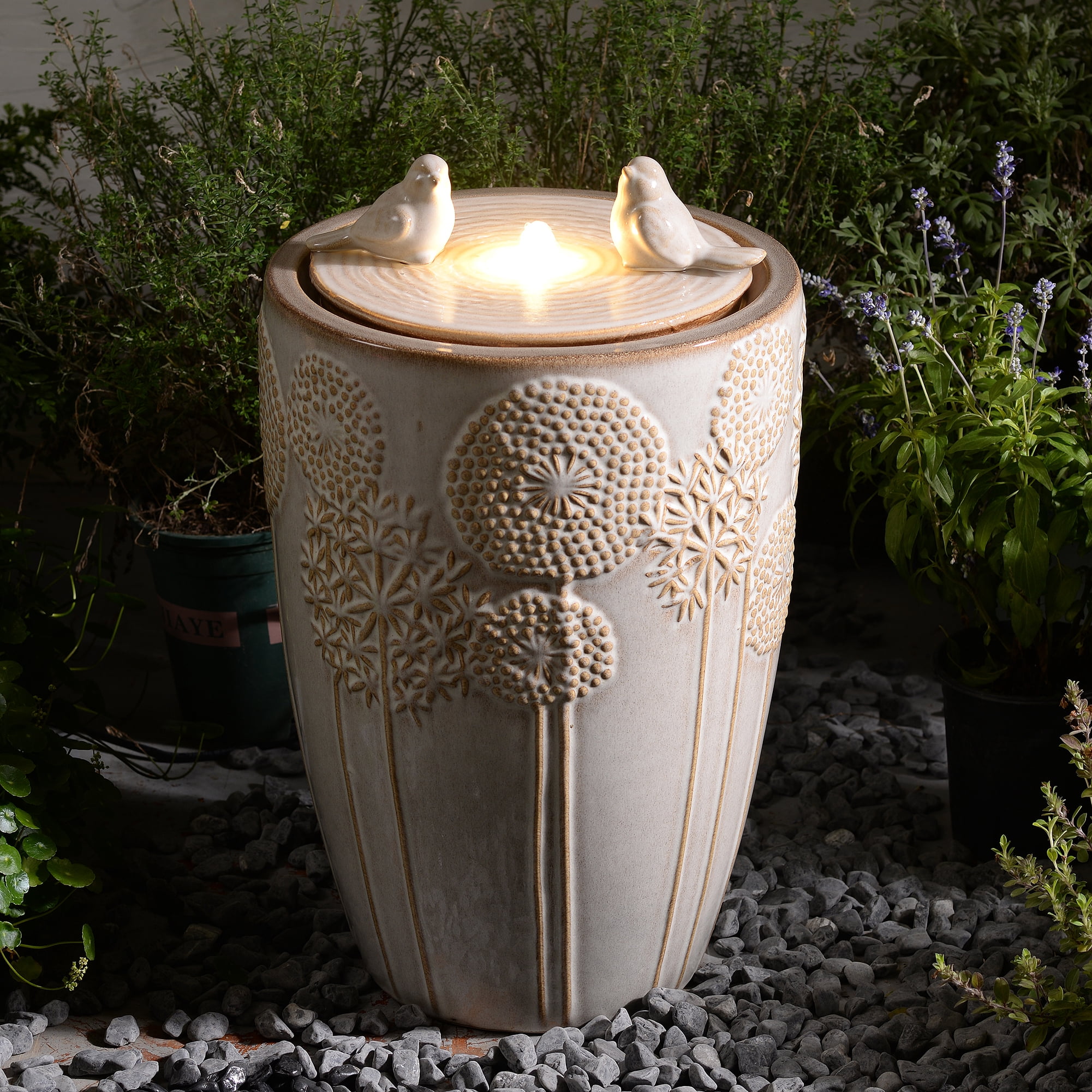Ivory Ceramic Bird & Dandelion Fountain, Decorative Water Fountain with LED Lights and Quiet Pump, Indoor Outdoor Water Feature for Patio, Garden, Deck, Balcony, Office and Home Décor