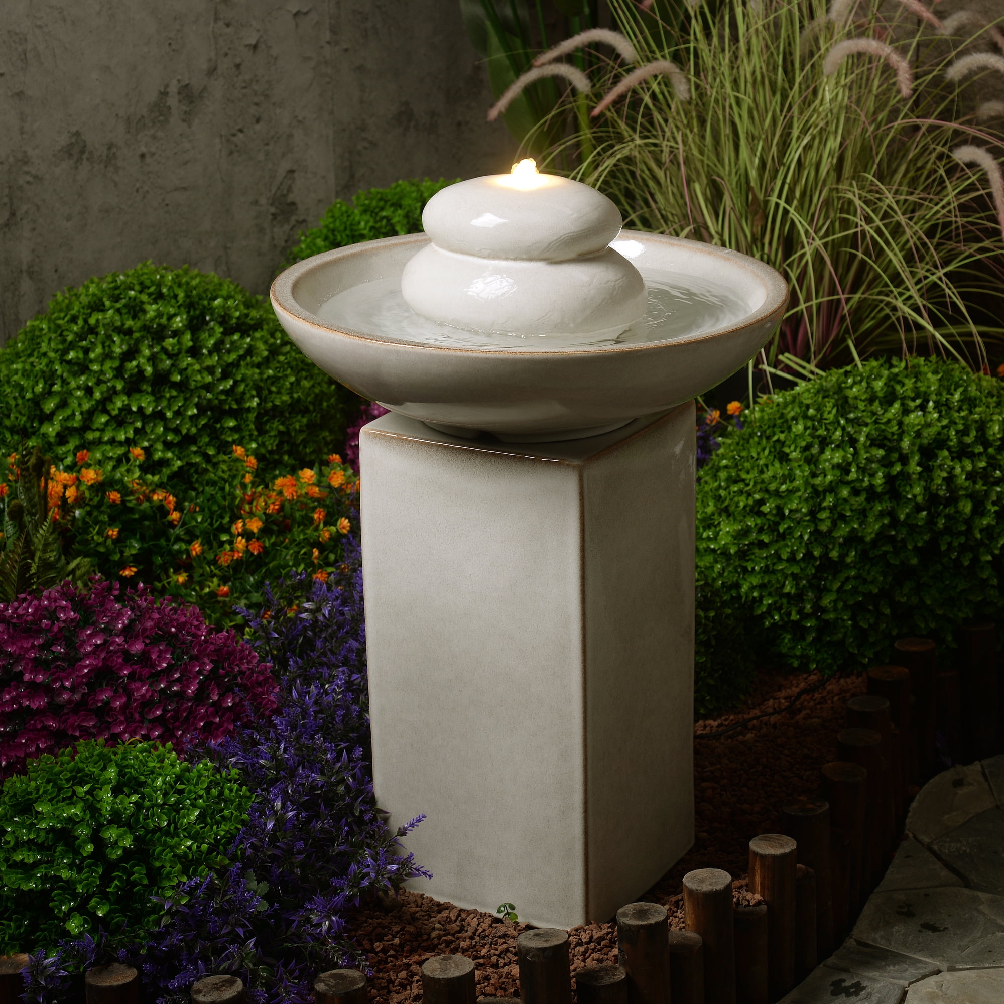 Hi-Line Gift Ltd. Ivory Ceramic Fountain with Submersible Pump and Warm White LED Lights