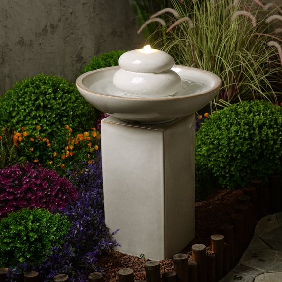 Hi-Line Gift Ltd. Ivory Ceramic Fountain with Submersible Pump and Warm White LED Lights