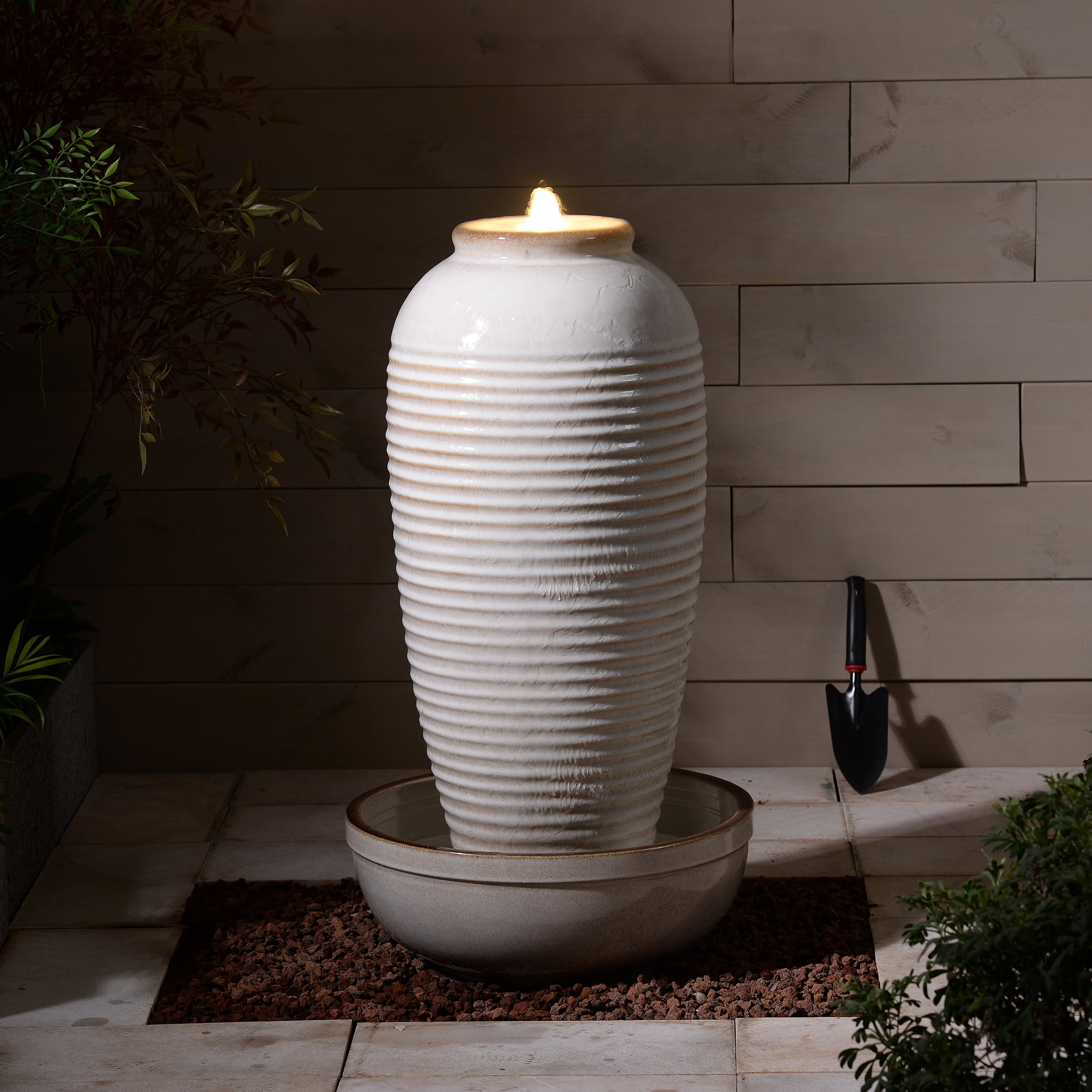 Ivory Ceramic Ribbed Vase Fountain, Decorative Water Fountain with LED Lights and Quiet Pump, Indoor Outdoor Water Feature for Patio, Garden, Deck, Balcony, Office and Home Décor