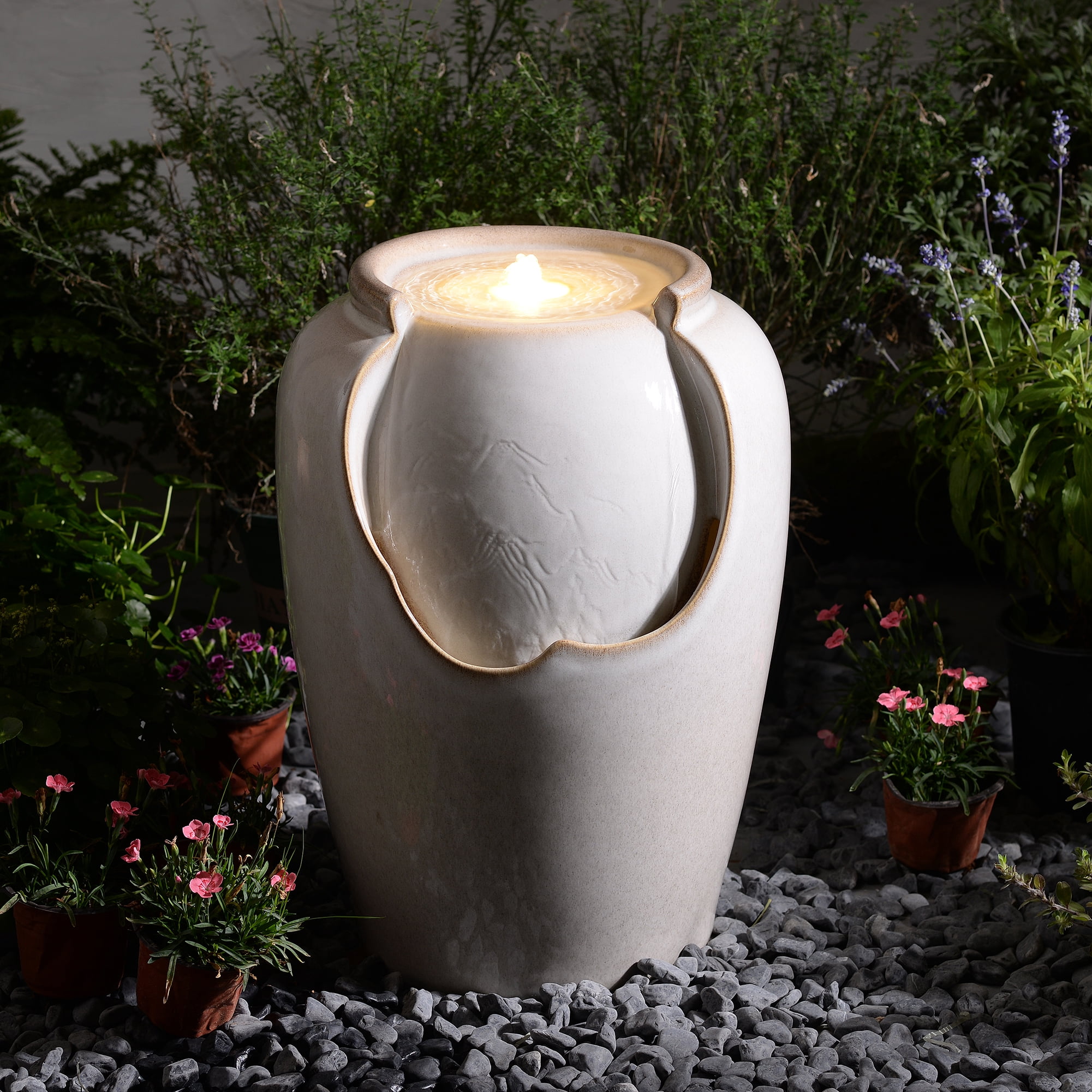 Ivory Ceramic Ripple Top Fountain, Decorative Water Fountain with LED Lights and Quiet Pump, Indoor Outdoor Water Feature for Patio, Garden, Deck, Balcony, Office and Home Décor