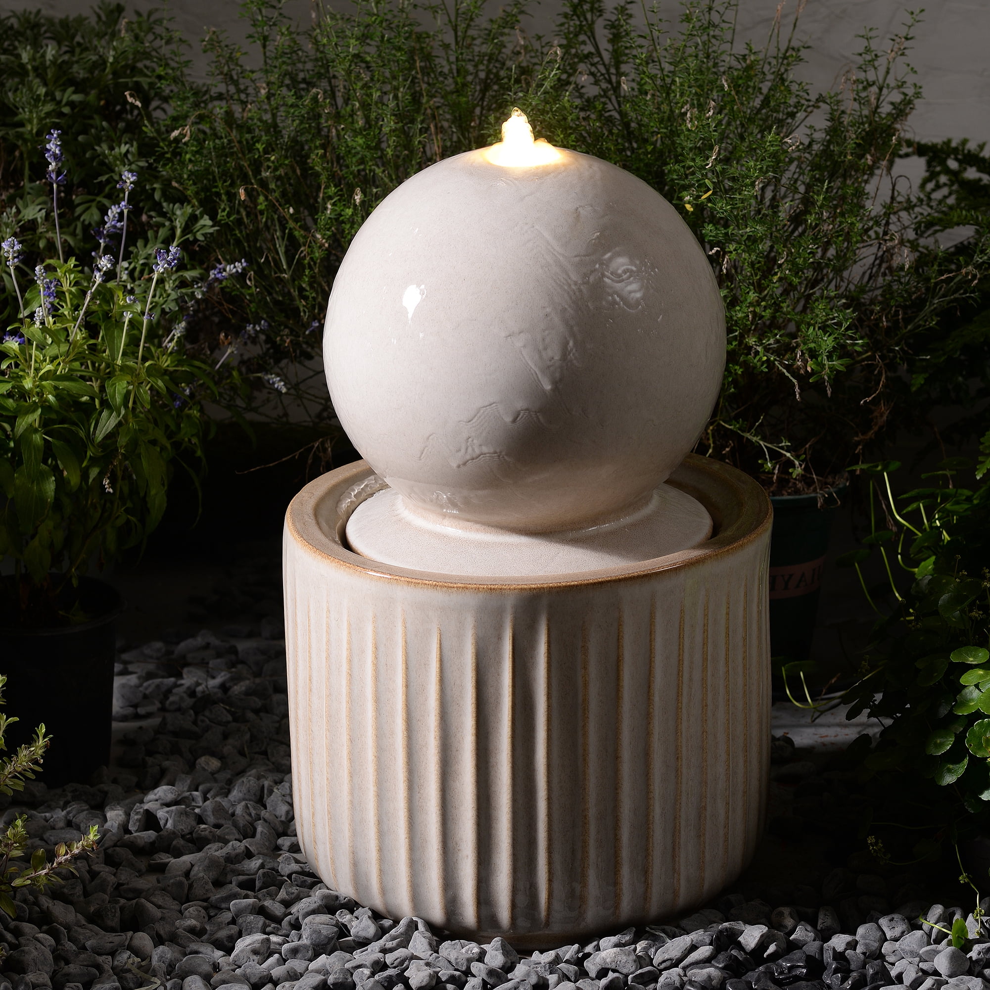 Ivory Ceramic Sphere Fountain, Decorative Water Fountain with LED Lights and Quiet Pump, Indoor Outdoor Water Feature for Patio, Garden, Deck, Balcony, Office and Home Décor