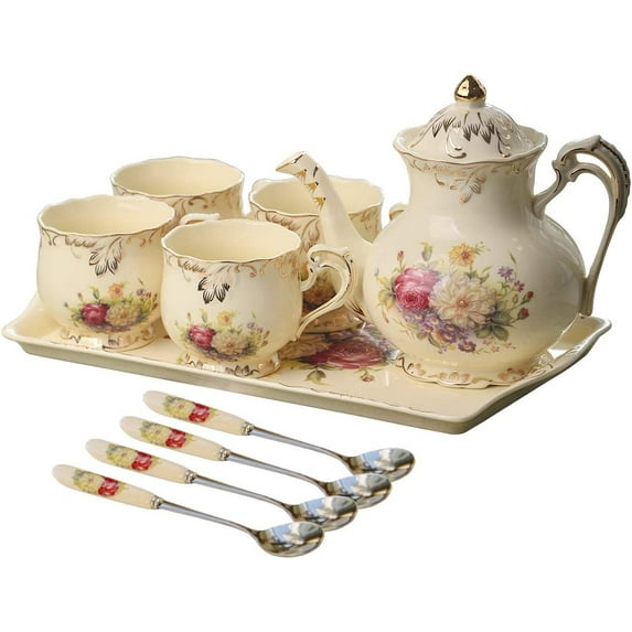 Ivory Ceramic Tea Set, Vintage Tea Set With Teapot,Serving Tray,Teacups,Teaspoons - Service for 4 (Floral)