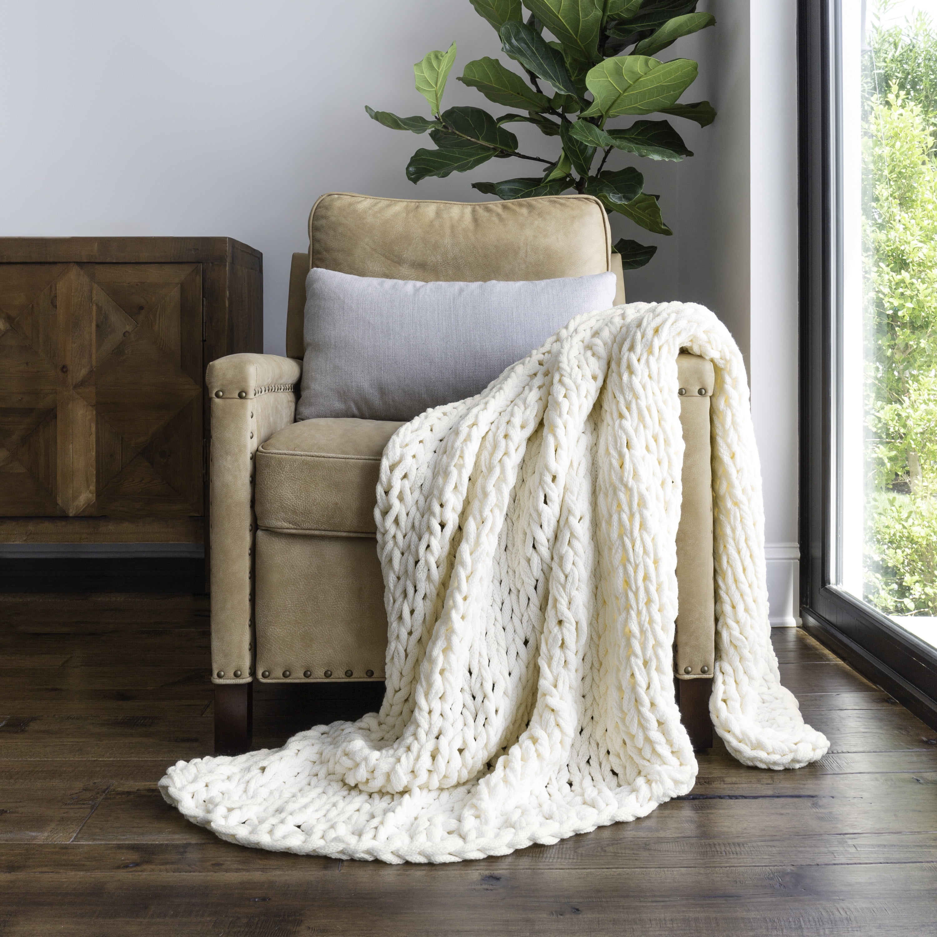 Ivory Ultra-Soft Chunky Knit Acrylic Throw Blanket 47'' x 59''