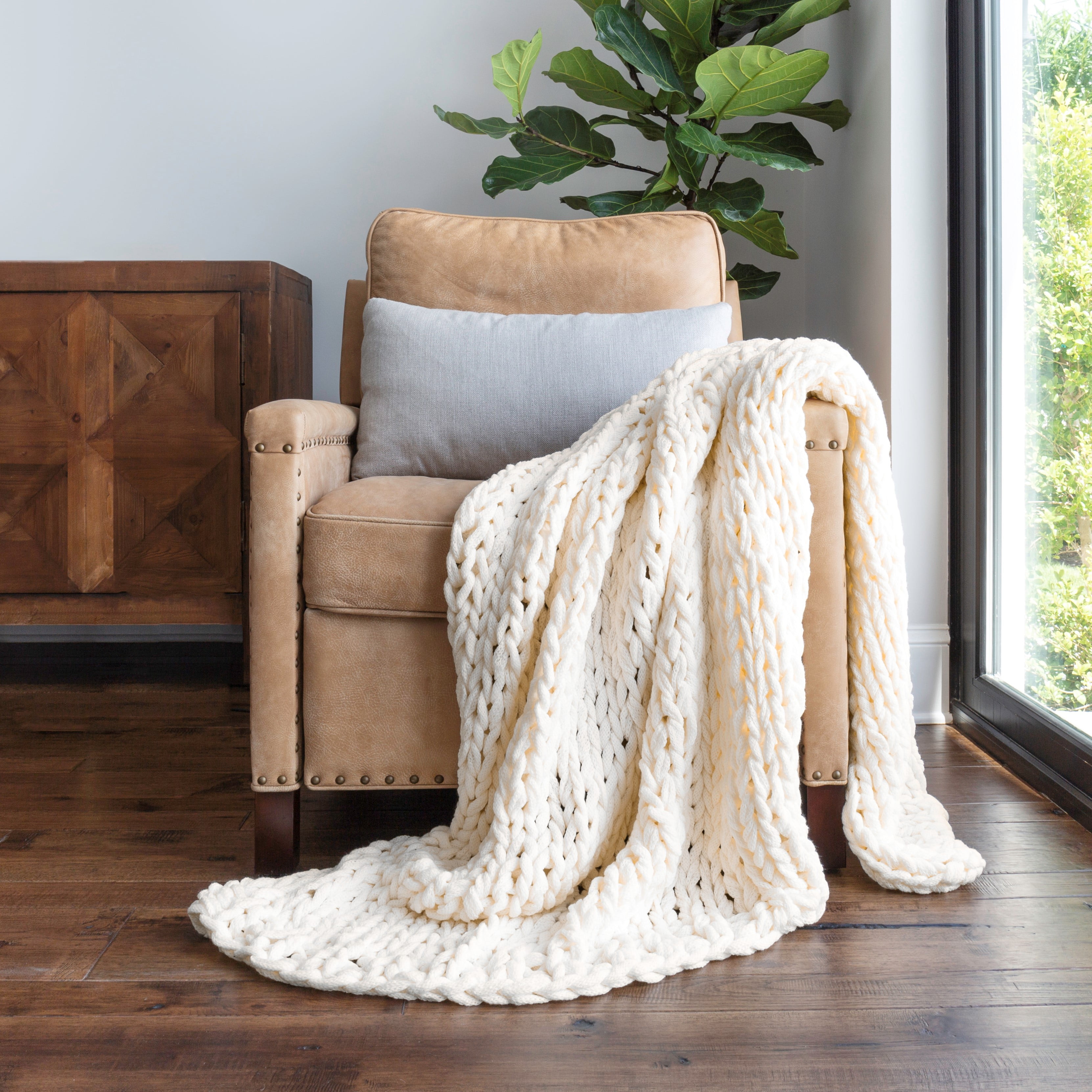 Ivory Chunky Knit Throw Blanket, One Size, by Noble Linens