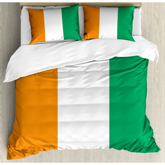 Ivory Coast Duvet Cover Set, Cote D'Ivoire Patriotic Design Flags in National Colors, Decorative 3 Piece Bedding Set with 2 Pillow Shams, King Size, Marigold Jade Green, by Ambesonne