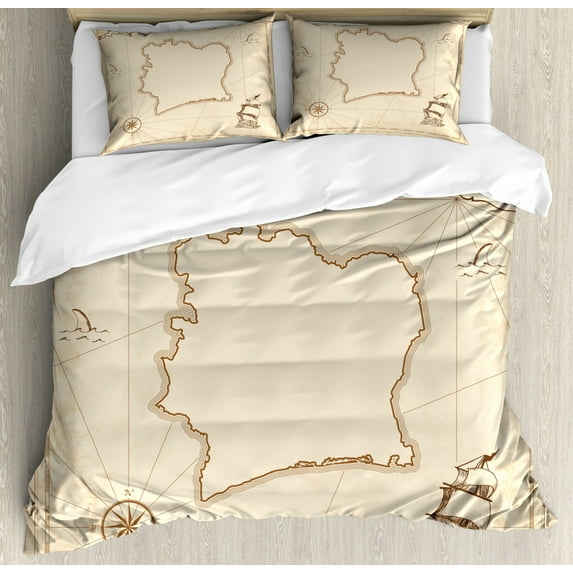 Ivory Coast Duvet Cover Set Queen Size, Vintage Treasure Map Design Illustration of Cote D'Ivoire Country, Decorative 3 Piece Bedding Set with 2 Pillow Shams, Umber and Champagne, by Ambesonne
