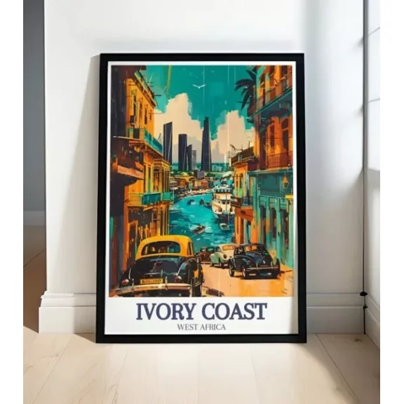 Ivory Coast Travel Poster - Abidjan Plateau District Skyline And Travel Prints Home Decor Vintage Art Print Cute Birthday Gift Wall Art