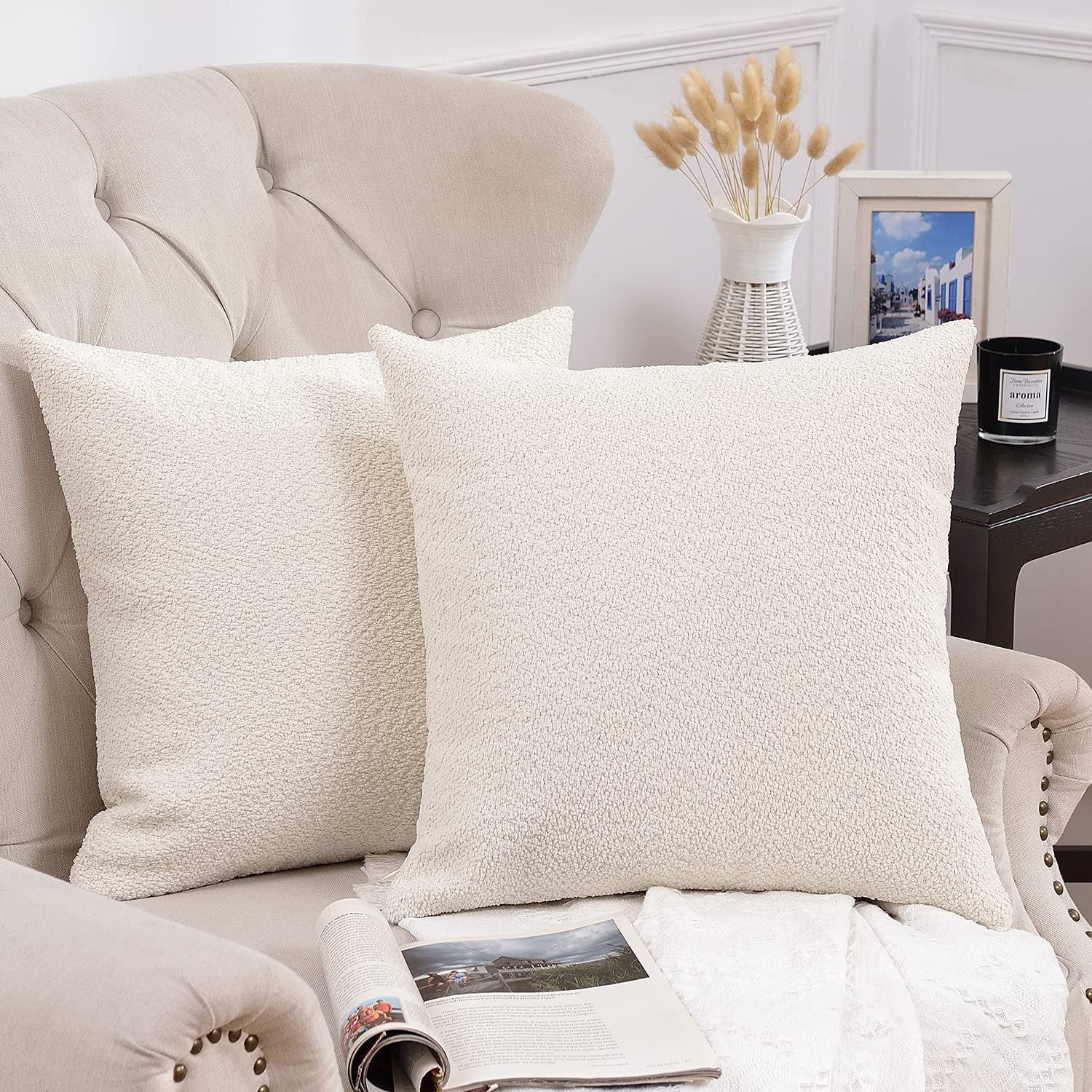 View of Ivory Colored Cute Boucle Textured Throw Pillow Covers, Cozy Soft ...