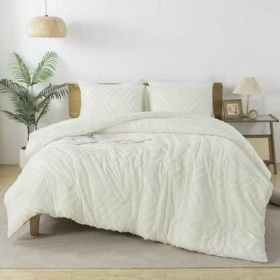 Ivory Comforter Set Queen Size, Boho Soft Warm Tufted Bedding Comforter Sets for Queen Size Bed, 3 Pieces Aesthetic Chevron Farmhouse Cute Bohemian Textured Bed Set