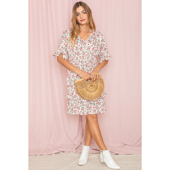 Ivory Coral Ditsy Floral Ruffle Trim V- Neck Midi Dress