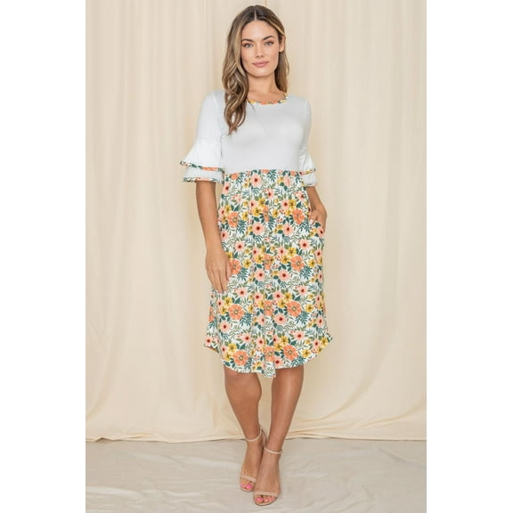 Ivory Coral Floral Double Ruffle Sleeve Midi Dress