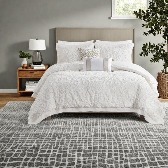 Ivory Cotton Bedding Sets Oversized Comforter with 3D Tufted Chenille King Size