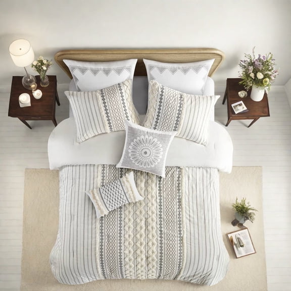Ivory Cotton Bedding Sets with Chenille Tufted Texture King/Cal King Hypoallergenic Design