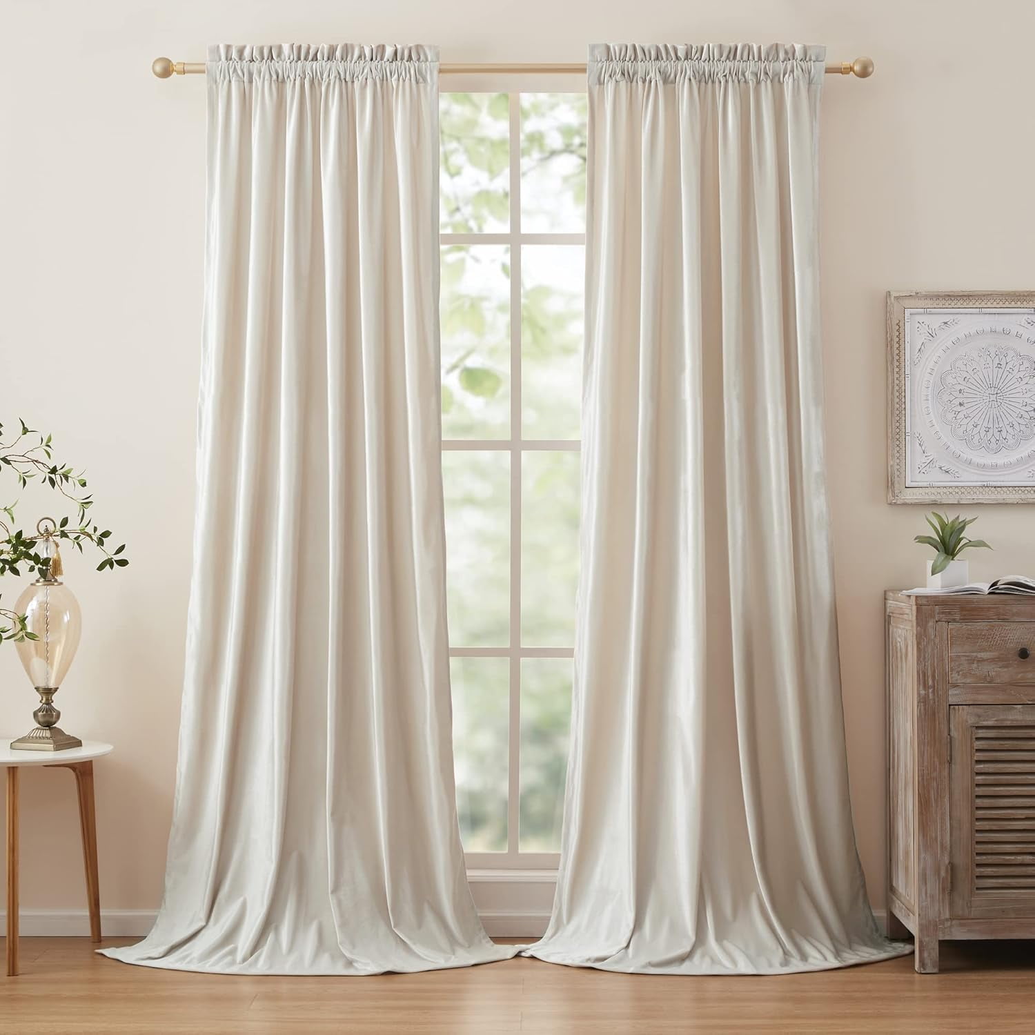 Ivory Velvet Blackout Curtains with Rod Pocket and Back Tab, 96 inch