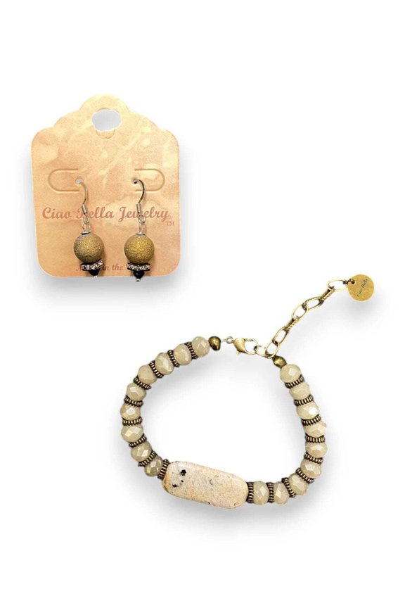 Ivory Crystal Bracelet  Gold Glitter Sphere Earrings