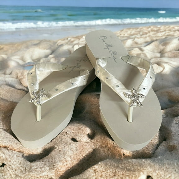 Ivory Crystal Rhinestone Starfish Satin Flip Flops