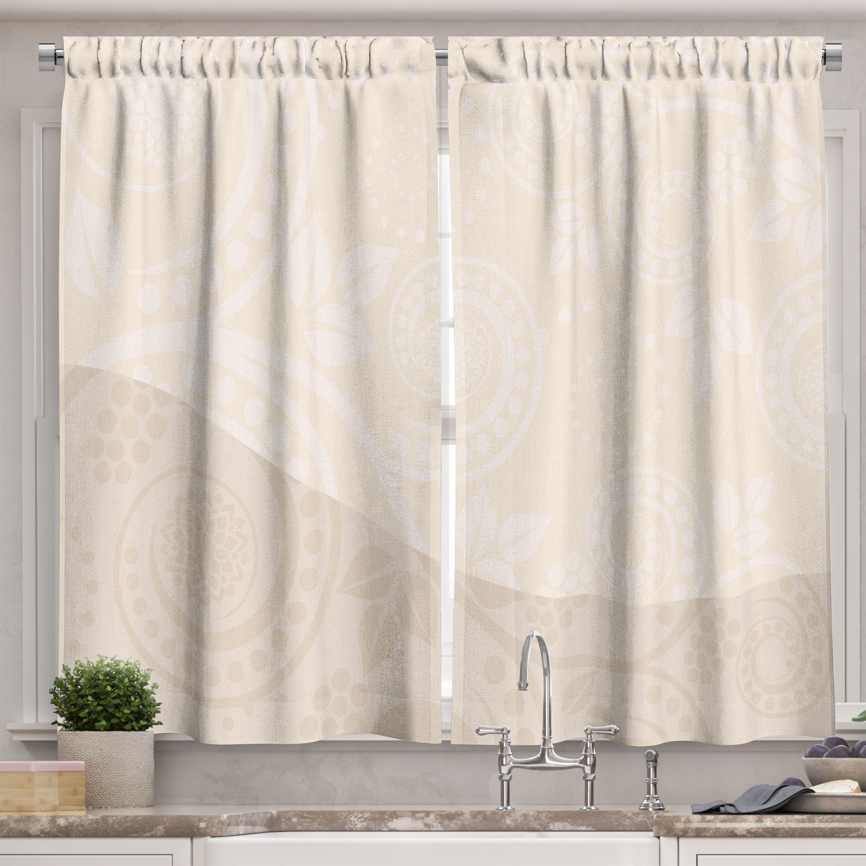 Ivory Curtains 2 Panels Set, Shabby Chic Ornamental Floral Curved Leaves Blooms Classic Feminine Flourish Pattern, Window Drapes for Living Room Bedroom, 55W X 39L Inches, Tan Cream, by Ambesonne