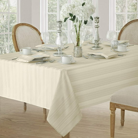 Christmas Ivory Denley Woven Textured Satin Stripe 52 x 70 inch Rectangle Fabric Dining Tablecloth