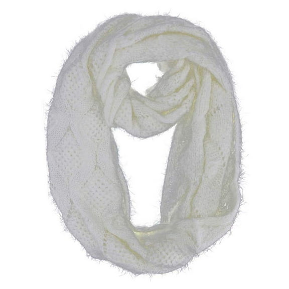 Ivory Diamond Knit Plush Fuzzy Eyelash Infinity Circle Scarf