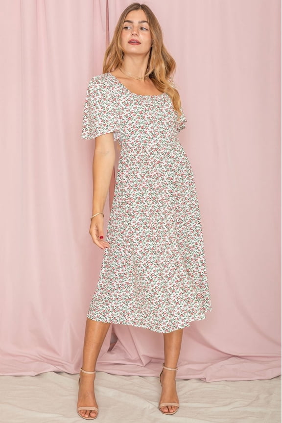 Ivory Ditsy Floral Butterfly Sleeve Square Neck Midi Dress_Plus