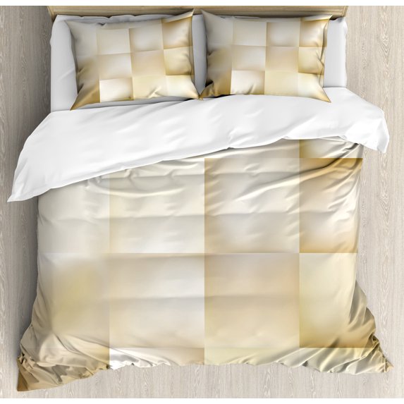 Ivory Duvet Cover Set, Abstract Square Shaped Geometric Fractal Pattern Modern Shady Tone Display, Decorative 3 Piece Bedding Set with 2 Pillow Shams, Queen Size, Cream Beige, by Ambesonne