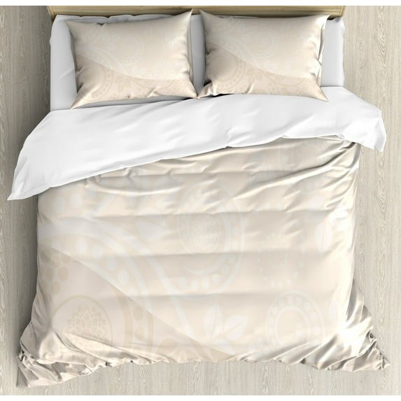 Ivory Duvet Cover Set, Shabby Form Ornamental Floral Curved Leaves Blooms Classic Feminine Flourish Pattern, Decorative 3 Piece Bedding Set with 2 Pillow Shams, King Size, Tan Cream, by Ambesonne