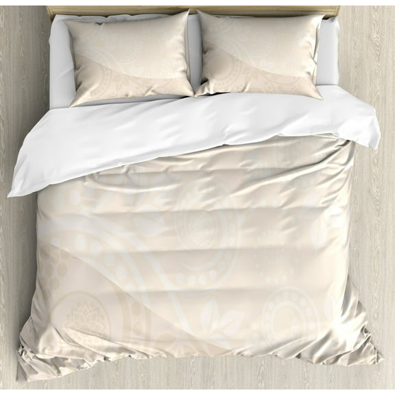 Ivory Duvet Cover Set, Shabby Form Ornamental Floral Curved Leaves Blooms Classic Feminine Flourish Pattern, Decorative 3 Piece Bedding Set with 2 Pillow Shams, Queen Size, Tan Cream, by Ambesonne