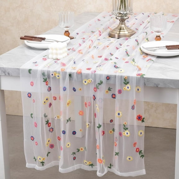 Ivory Embroidery Daisy Spring Summer Table Runner Florals Seasonal Tulle Table Runner Holiday Kitchen Dining Table Decoration for Home Party Indoor