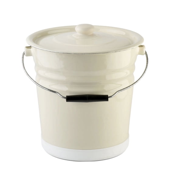 Ivory Enamel Steel Bucket with Lid Durable Food Safe Storage Container with Protective Base for Kitchen, Garden, Sauna - 12.7-QT
