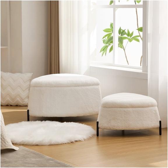 Ivory Faux Fur Ottoman Set with Storage, 2-Piece Footrest Stool with Reversible Lid and Metal Legs for Living Room, Bedroom