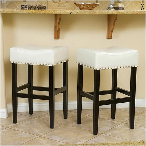 Ivory Faux Leather Counter Stools Set of 2, 30 Inch Backless Bar Stools with Bronze Legs for Kitchen Island, Modern Dining Room Furniture