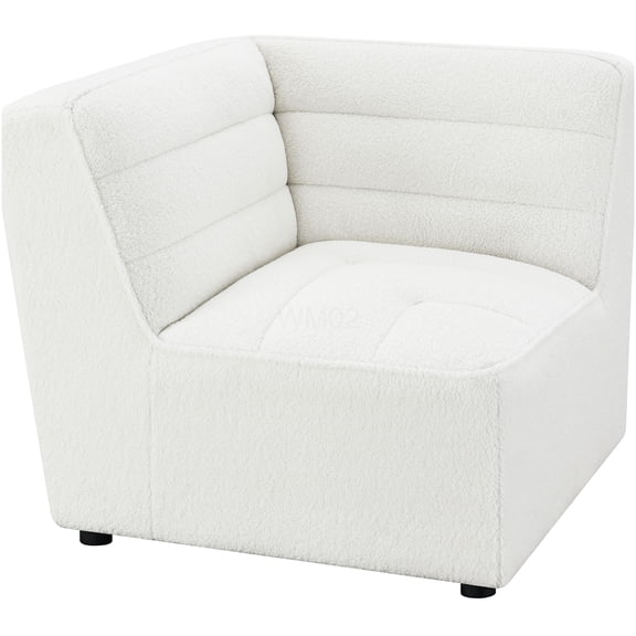 Ivory Faux Sheepskin Corner Chair, Modern Upholstered Accent Chair with Channel Tufting and Black Round Feet for Living Room