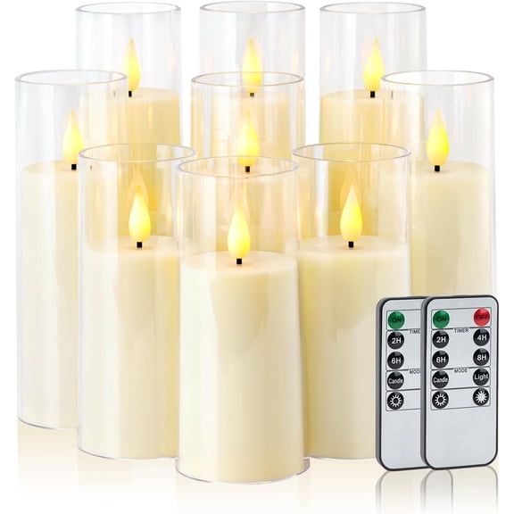 Ivory Flameless Candles with Remote, Battery Operated Candles with Timer, Acrylic Plexiglass Flickering LED Fake Candle for Wedding, Holiday, Home Decor, Set of 9, D2.2 x H5 6" 7"