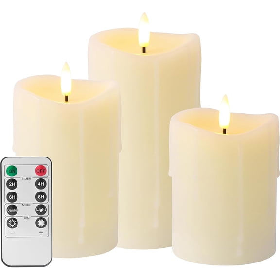 Ivory Flameless Candles with Remote and Timer, Real Wax Made Wax Drip LED Pillar Candles Battery Operated with 3D Flickering Flame Melted Top - 3" x 4",5",6" - Set of 3