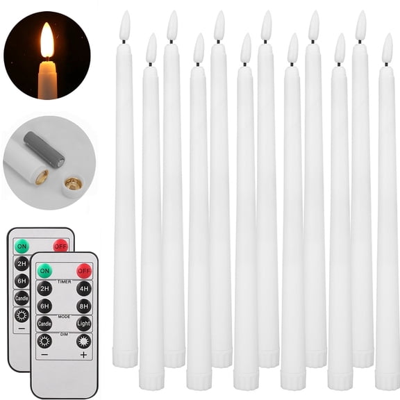 Ivory Flameless Taper Candles 12 Pack, Battery Operated LED Candles, Taper Plastic Candles 3D Wick Lights with Remote Control with Timer for Home Decor ,Halloween ,Christmas ,Wedding ,Banquet