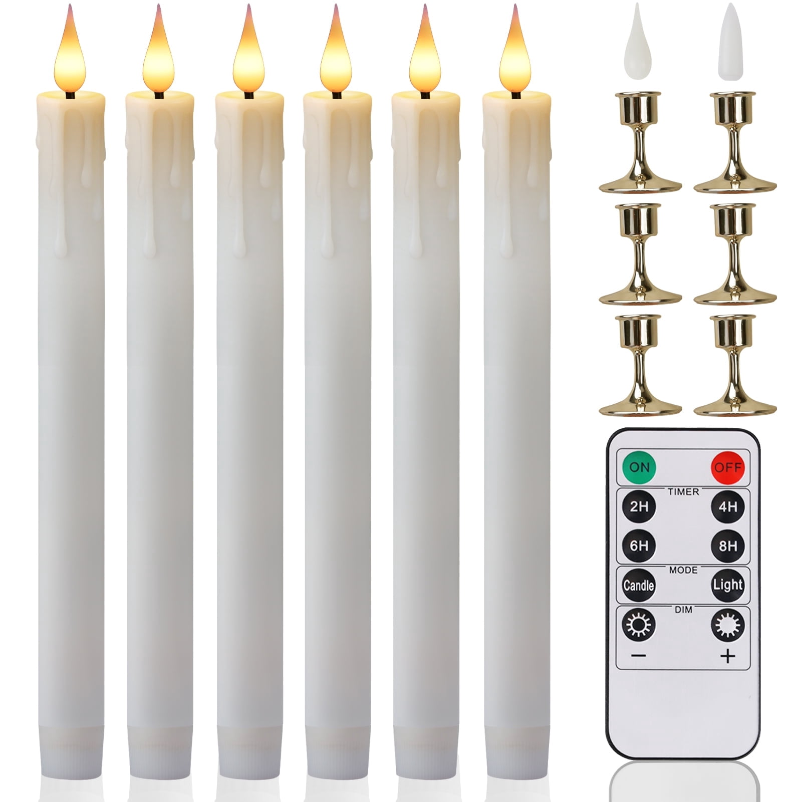 Ivory Flameless Taper Candles 6 Pack, Battery Operated LED Taper Candles with Lamp Holder, 3D Wick Lights Dropping Tear Design, Remote Control with Timer for Home Decor ,Halloween ,Christmas ,Wedding