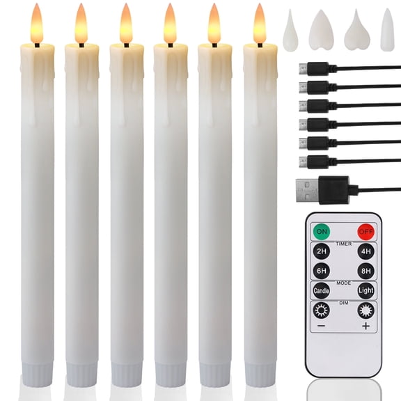 Ivory Flameless Taper Candles 6 Pack, Rechargeable LED Candles, Taper Plastic Candles 3D Wick Lights Dropping Tear with Remote Control with Timer for Home Decor ,Halloween ,Christmas ,Wedding