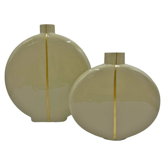 Ivory Flat Vase With Gold Accent Set of 2