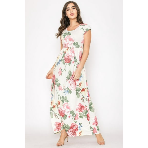 Ivory Floral Cap Sleeve Maxi Dress_Plus